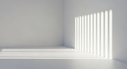 Fototapeta premium Minimalist interior room with stark white walls and floor, illuminated by strong vertical light patterns
