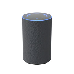 Grey smart speaker with glowing blue light