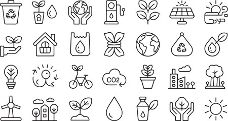 Eco-friendly line icons set in black and white featuring sustainability, recycling, energy, and environmental conservation.