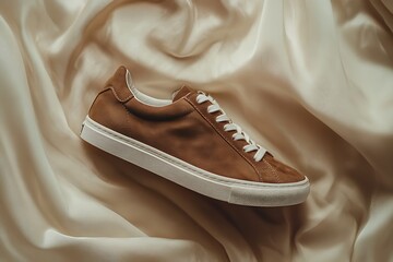 A soft brown sneaker with soft suede texture and white rubber sole, resting on a light fabric background 