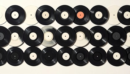 A grid of thirty vintage vinyl records, arranged neatly, showcasing variations in label color and condition.  Some show signs of wear or discoloration