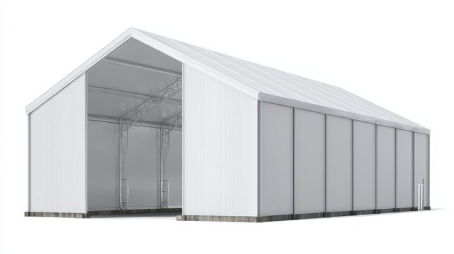 Temporary Structure: A stark image of a clean, temporary structure, erected for a special purpose, the building's facade simple and its design modern.