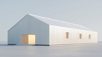 Modern Barn-style Structure: A minimalist, barn-style structure, characterized by its clean lines, pitched roof, and neutral color palette, stands in a serene environment.
