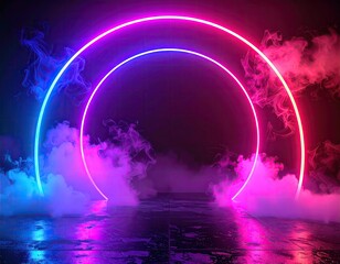 Two vibrant neon circles, pink and blue, glow in a dark smoky environment, their light reflecting on a wet floor