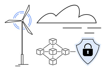 Wind turbine, cloud, blockchain nodes, and a shield with a lock highlight energy, technology, and data safety. Ideal for sustainability, technology, innovation security digital infrastructure