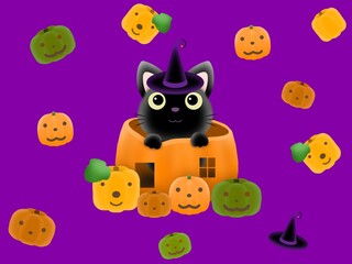 クロネコとカボチャの背景　G-3