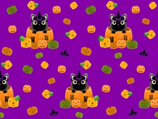 クロネコとカボチャのシームレスパターン　G-3'