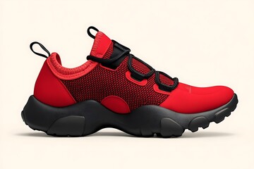 A sporty red sneaker with black accents and breathable fabric design on a light cream background