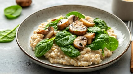 Mushroom and spinach oatmeal on plate over light stone background