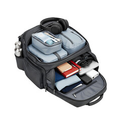 Fototapeta premium Open travel backpack showing packed essentials, transparent background