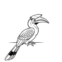 Fototapeta premium A detailed black and white illustration of a hornbill bird perched on a horizontal line.