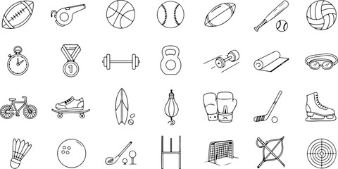 Dynamic collection of sport icons showcasing diverse athletic equipment and activities for a healthy lifestyle and active pursuits