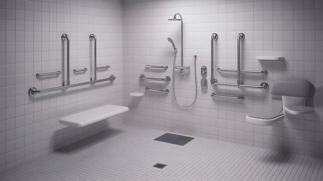 3D accessible bathroom pack shower seat, grab bars, handheld shower