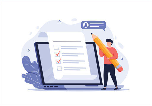 A person is filling out a survey on a laptop using a large pencil.