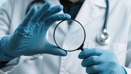 Medical professional in lab coat and gloves holding a magnifying glass, examining an object closely.