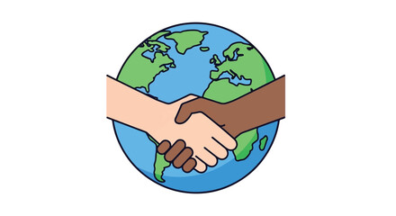 Illustration of two hands shaking in front of a globe, symbolizing unity and cooperation.