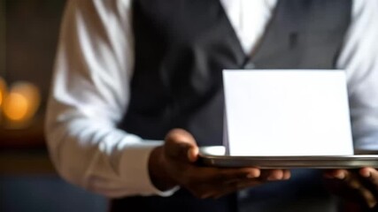 Elegant waiter presenting a blank card on a silver tray for personalized message display
