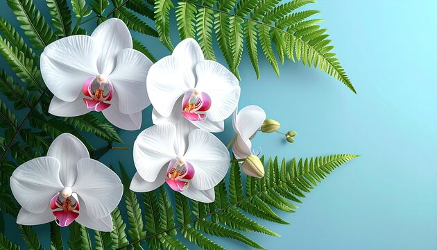 White orchids and vibrant green ferns arranged on a light blue background, creating a serene and elegant floral composition