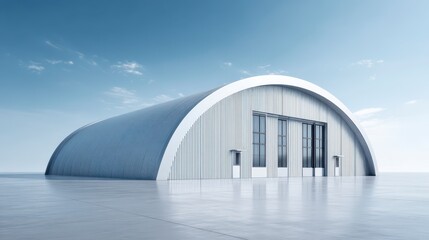 Fototapeta premium Modern Architecture in a Blue Sky: A sleek, contemporary hangar stands proudly against the expansive backdrop of a clear blue sky, exuding a sense of grandeur and precision.