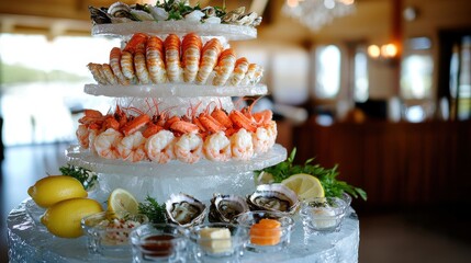 Seafood tasting menu showcased on carved ice pedestal with layered presentation of oysters, jumbo shrimp and lobster complemented by citrus and artisanal dipping sauces