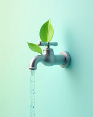 A minimalist 3D icon of a water tap with a leaf, symbolizing clean water