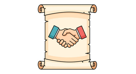 A cartoon illustration of a handshake on an ancient scroll representing a business agreement or contract.