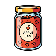 A cartoon illustration of a glass jar filled with red apple jam, featuring a label with an apple icon and 'APPLE JAM' text, topped with a golden lid.