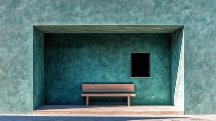 Teal concrete structure features bench, window, and simple cubic architectural design