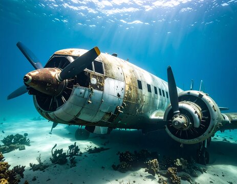 Sunbeams illuminate a rusted airplane wreck resting on a coral reef underwater