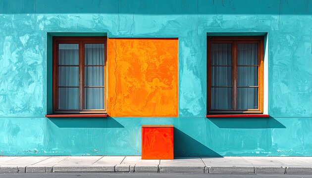Teal building facade with two windows flanking a large orange square and a smaller orange cube below