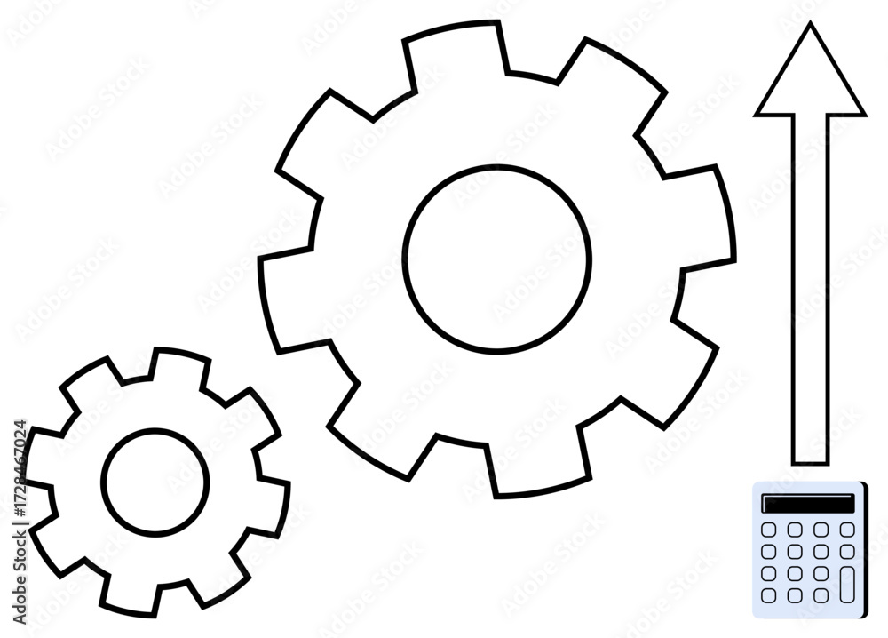 Poster two gears signifying operation and connection, an upward arrow symbolizing growth, and a calculator 
