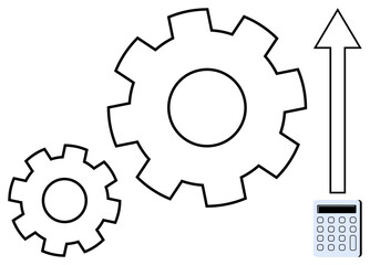 Two gears signifying operation and connection, an upward arrow symbolizing growth, and a calculator reflecting calculation or strategy. Ideal for productivity, innovation, efficiency, system