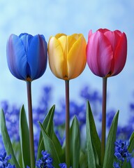 Three colorful tulips stand tall amongst purple flowers on a cloudy backdrop