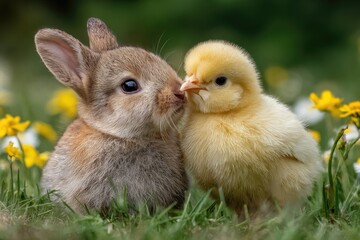 Cute bunny and chick in a flower field