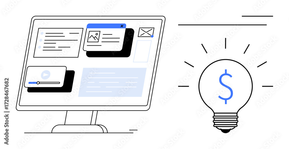 Poster desktop monitor with app ui elements thumbs up media player, emails, and content, next to a light bu