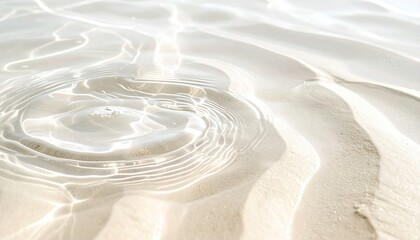 Shallow, clear water ripples over a light beige sandy bottom, sunlit, creating concentric circles and subtle wave patterns