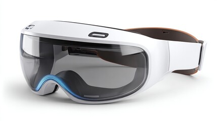 Sleek, white and grey augmented reality goggles, with a clear visor and orange/brown strap, casting a shadow