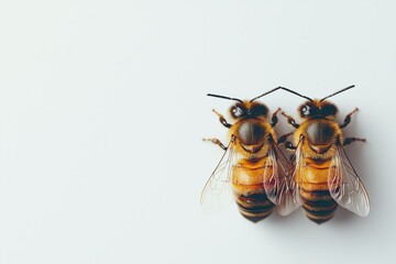 Two bees, facing right, sitting together on a plain, white background, high detail
