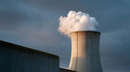 Moody twilight envelops industrial cooling tower, whispering energy transitions and Cold Fusion Day musings into the evening sky