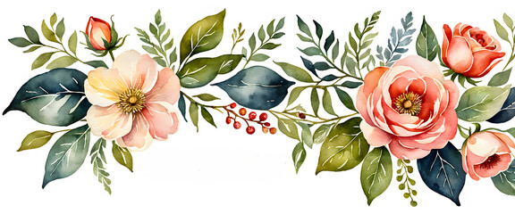 Pink flower floral illustration. Elegant botanical bouquet with berries artwork. Soft watercolor flowers for invitation. Delicate floral on white background. Romantic roses for greeting card.