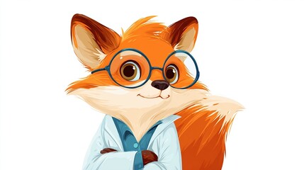 A cartoon fox with orange fur, wearing round glasses and a lab coat, with arms crossed, smiling