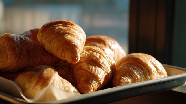 Golden croissants bask in morning light, embodying buttery indulgence for Galette Day and European Continental Breakfast feasts