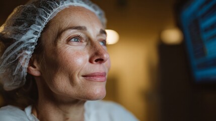 A Caucasian female scientist gazes intently at glowing data screens, embodying World Science Days curious and inquisitive spirit