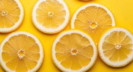 Fresh Lemon Slices on Yellow Background.