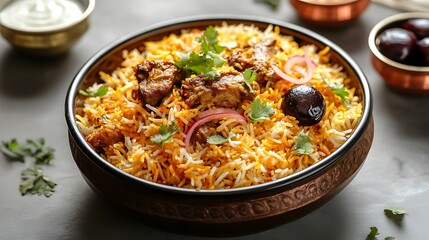 Mutton biryani with raita and jamun on grey background