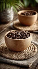 Two wooden bowls filled with coffee beans sit on mats with plant backdrop