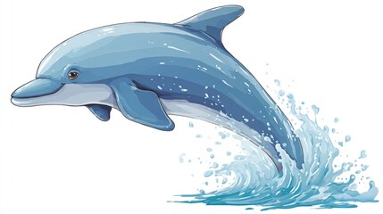 A playful, cartoon dolphin leaps from the water, showcasing a bright blue body and splash effects