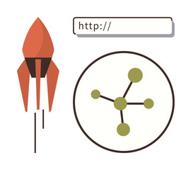 Rocket launching beside a network diagram and URL bar, symbolizing technology, networking, growth, and innovation. Ideal for digital transformation, web development, connectivity concepts, online