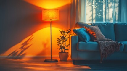 Warm lamp casting light on a living room with blue sofa and potted plant