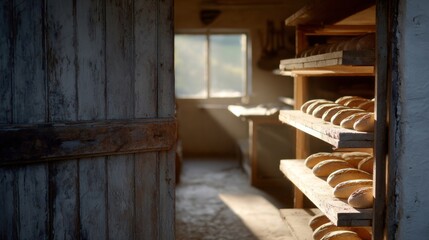 Sunlit rustic bakery, warm aroma of artisanal bread, embracing Hygge vibes; ideal for World Baking Day celebrations